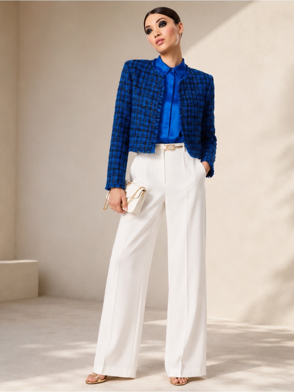 Alice + Olivia‎ Kidman Blue Tweed Fringe Cropped Jacket Small S